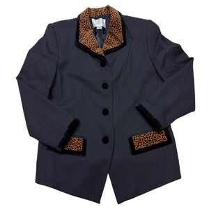 Valerie Stevens Petites Black Pure Wool Blazer Leopard Trim Velvet Collar Sz 10P